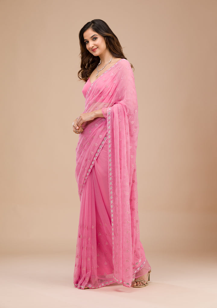 Pink Threadwork Chiffon Saree