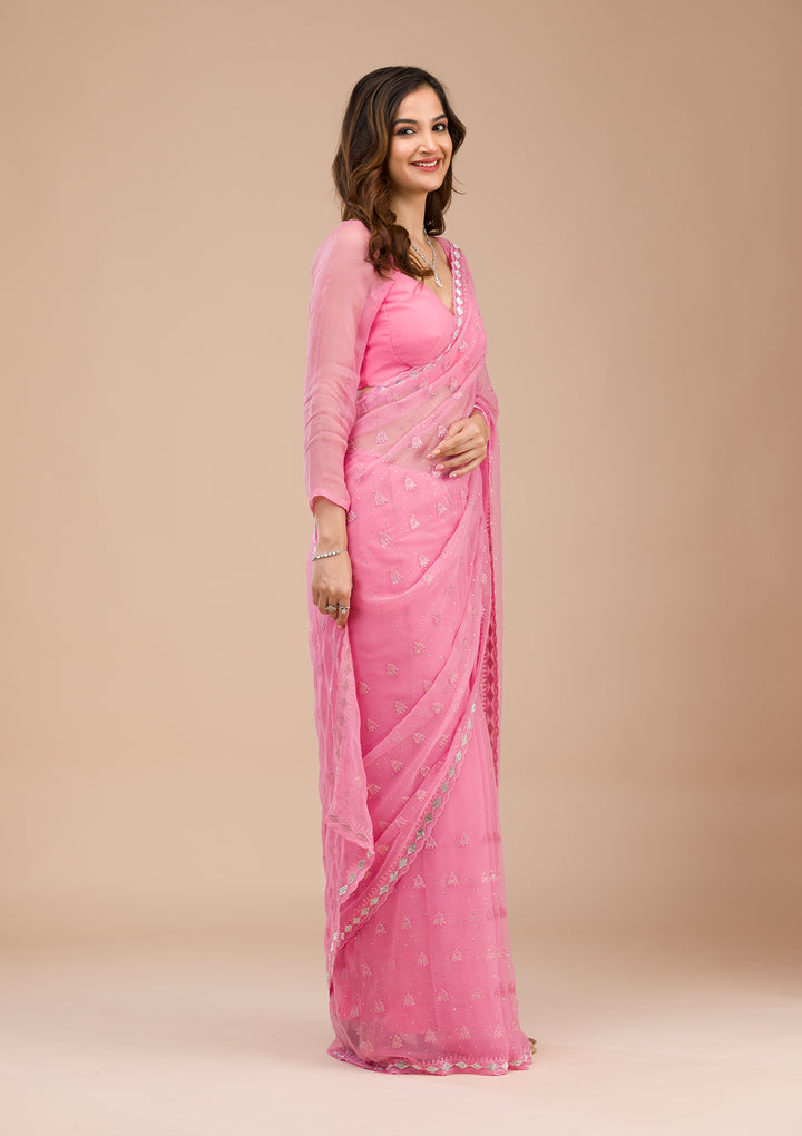 Pink Threadwork Chiffon Saree