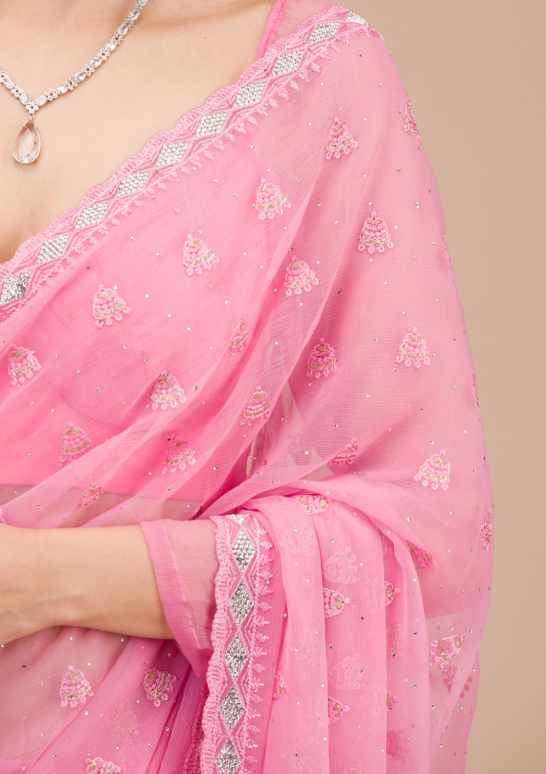Pink Threadwork Chiffon Saree