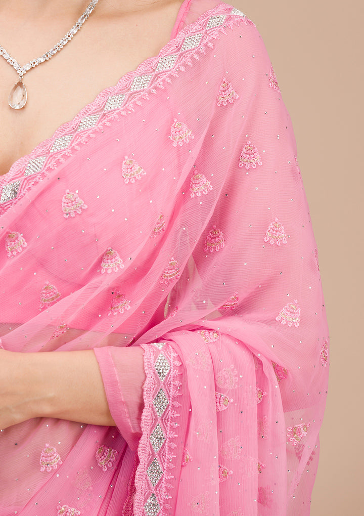 Pink Threadwork Chiffon Saree