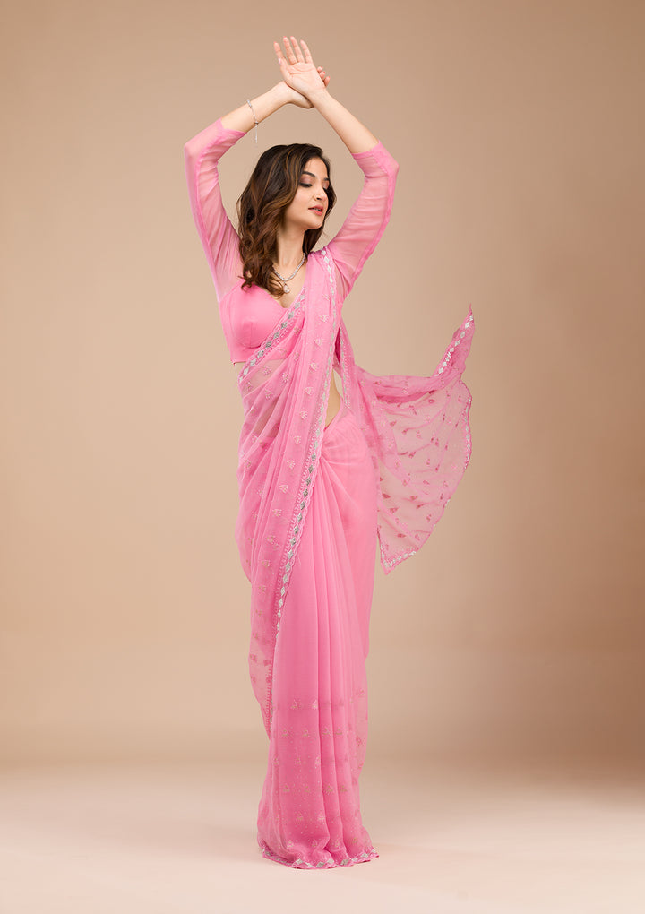 Pink Threadwork Chiffon Saree