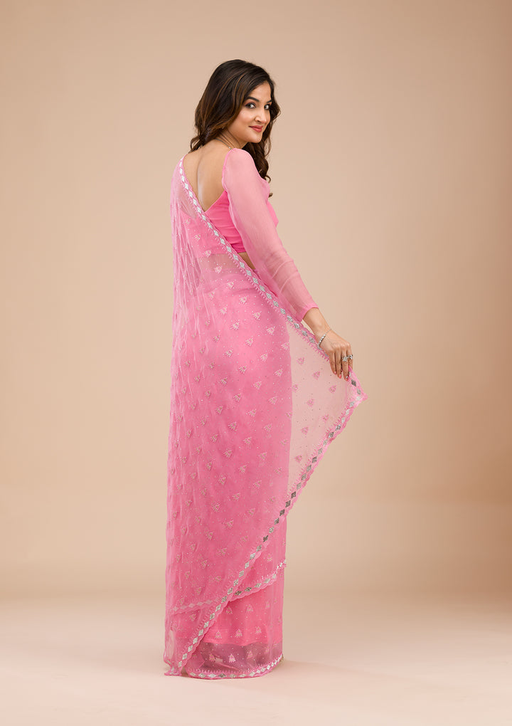 Pink Threadwork Chiffon Saree