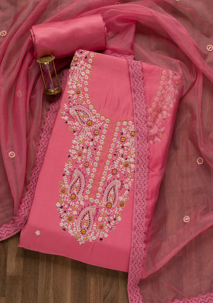 Pink Threadwork Cotton Unstitched Salwar Suit