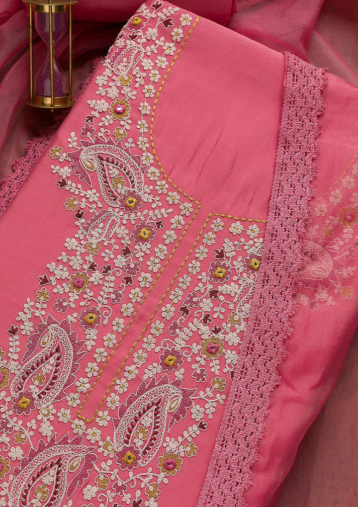 Pink Threadwork Cotton Unstitched Salwar Suit
