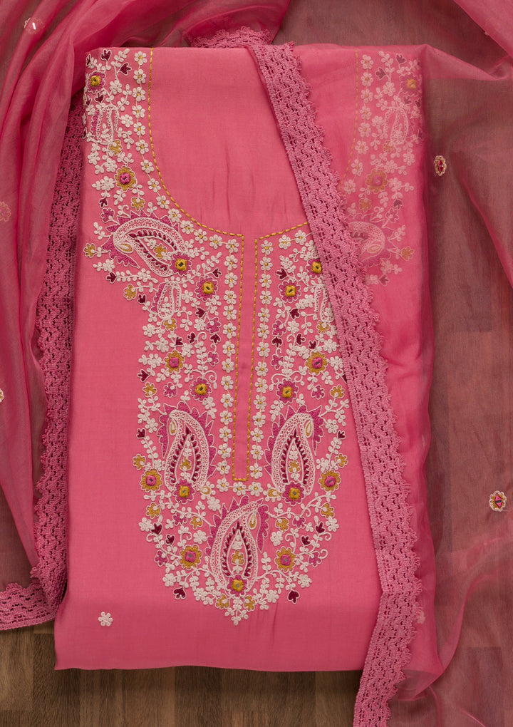 Pink Threadwork Cotton Unstitched Salwar Suit