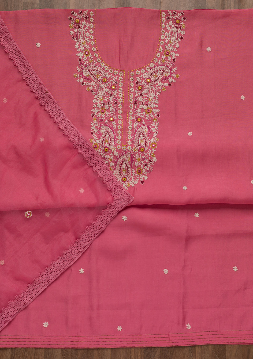 Pink Threadwork Cotton Unstitched Salwar Suit