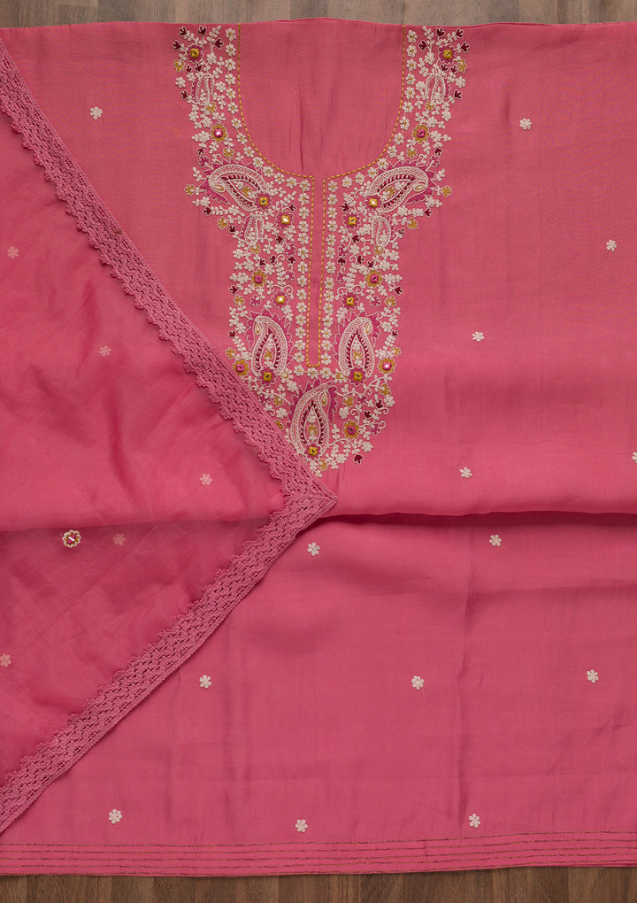 Pink Threadwork Cotton Unstitched Salwar Suit