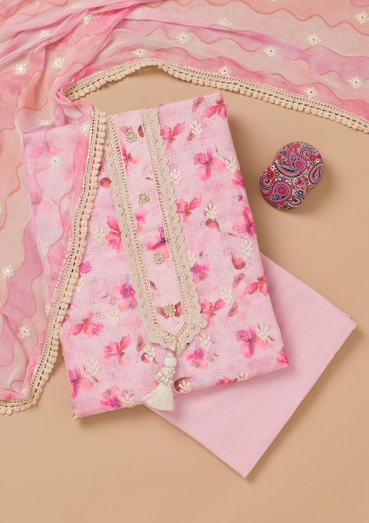 Pink Threadwork Cotton Unstitched Salwar Suit