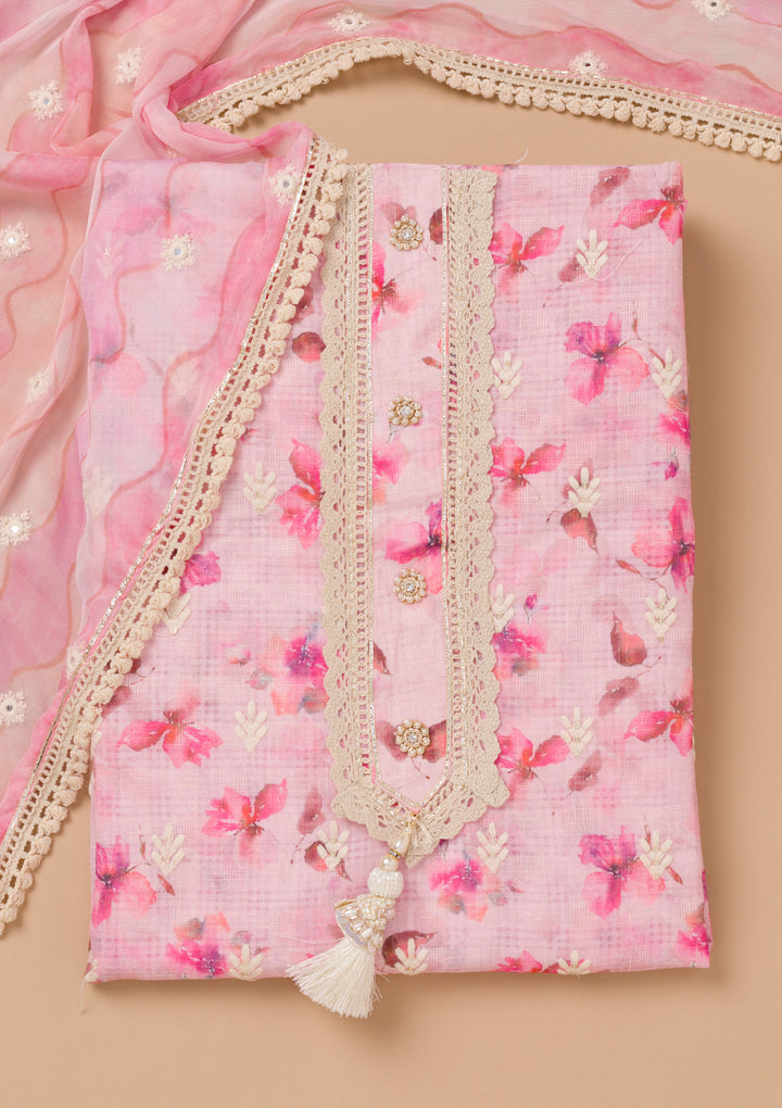 Pink Threadwork Cotton Unstitched Salwar Suit