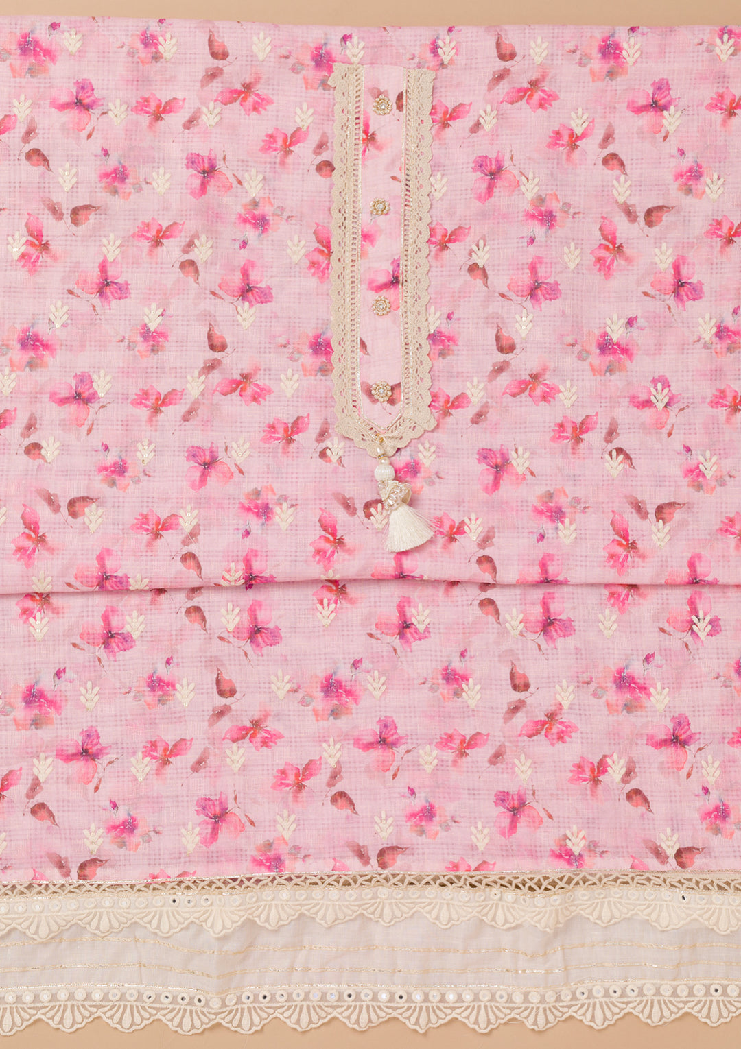 Pink Threadwork Cotton Unstitched Salwar Suit
