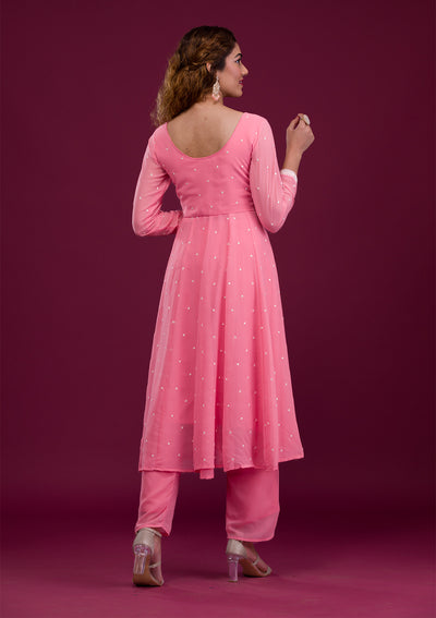 Pink Threadwork Georgette Readymade Salwar Suit