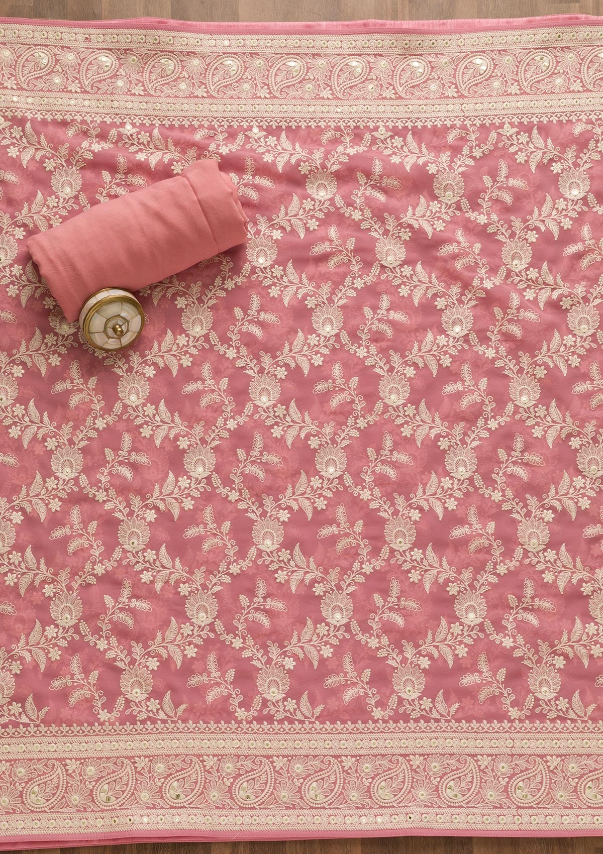 Pink Threadwork Georgette Unstitched Salwar Suit