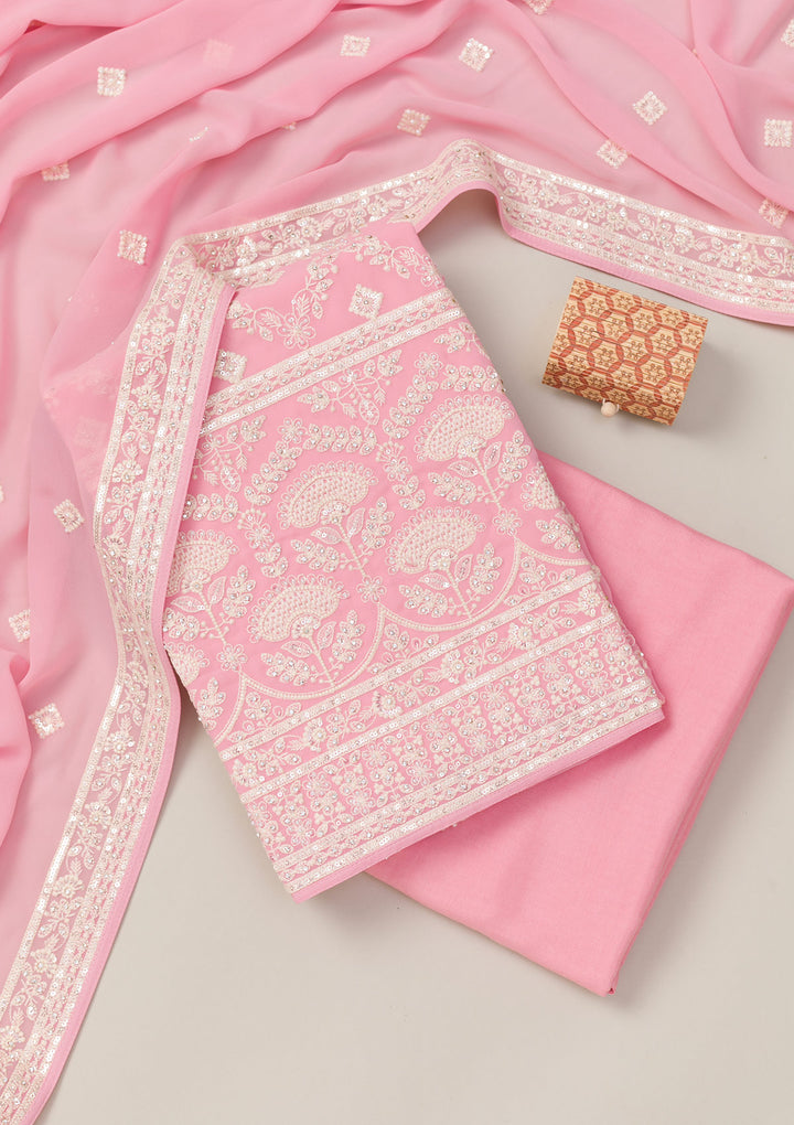Pink Threadwork Georgette Unstitched Salwar Suit