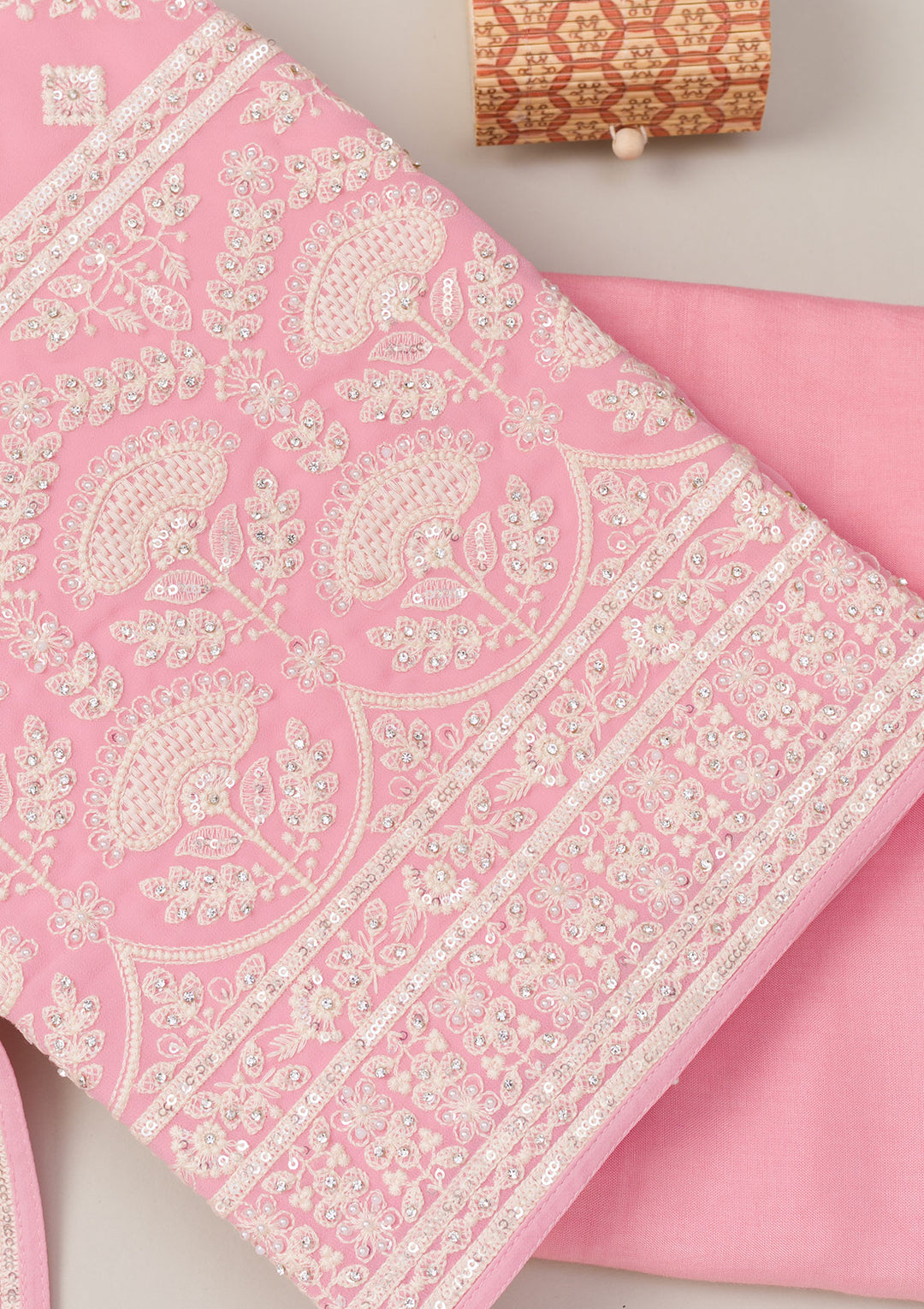 Pink Threadwork Georgette Unstitched Salwar Suit