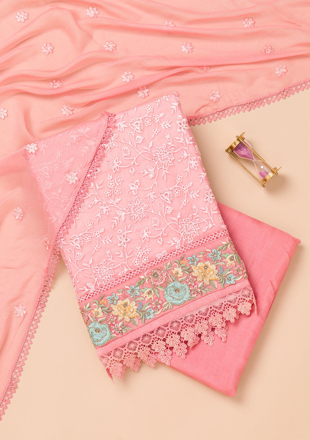 Pink Threadwork Georgette Unstitched Salwar Suit