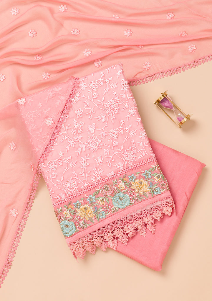 Pink Threadwork Georgette Unstitched Salwar Suit
