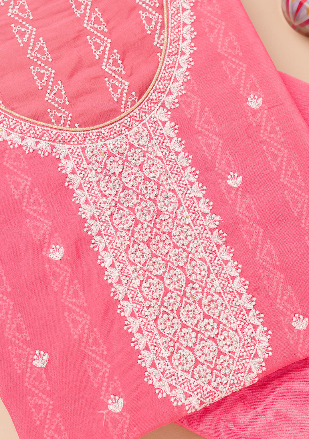 Peach Threadwork Georgette Unstitched Salwar Suit