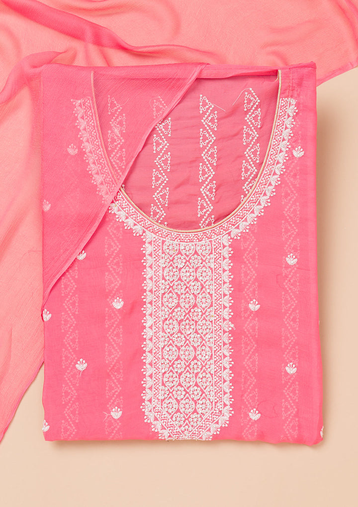 Peach Threadwork Georgette Unstitched Salwar Suit