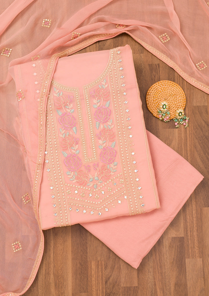 Pink Threadwork Georgette Unstitched Salwar Suit