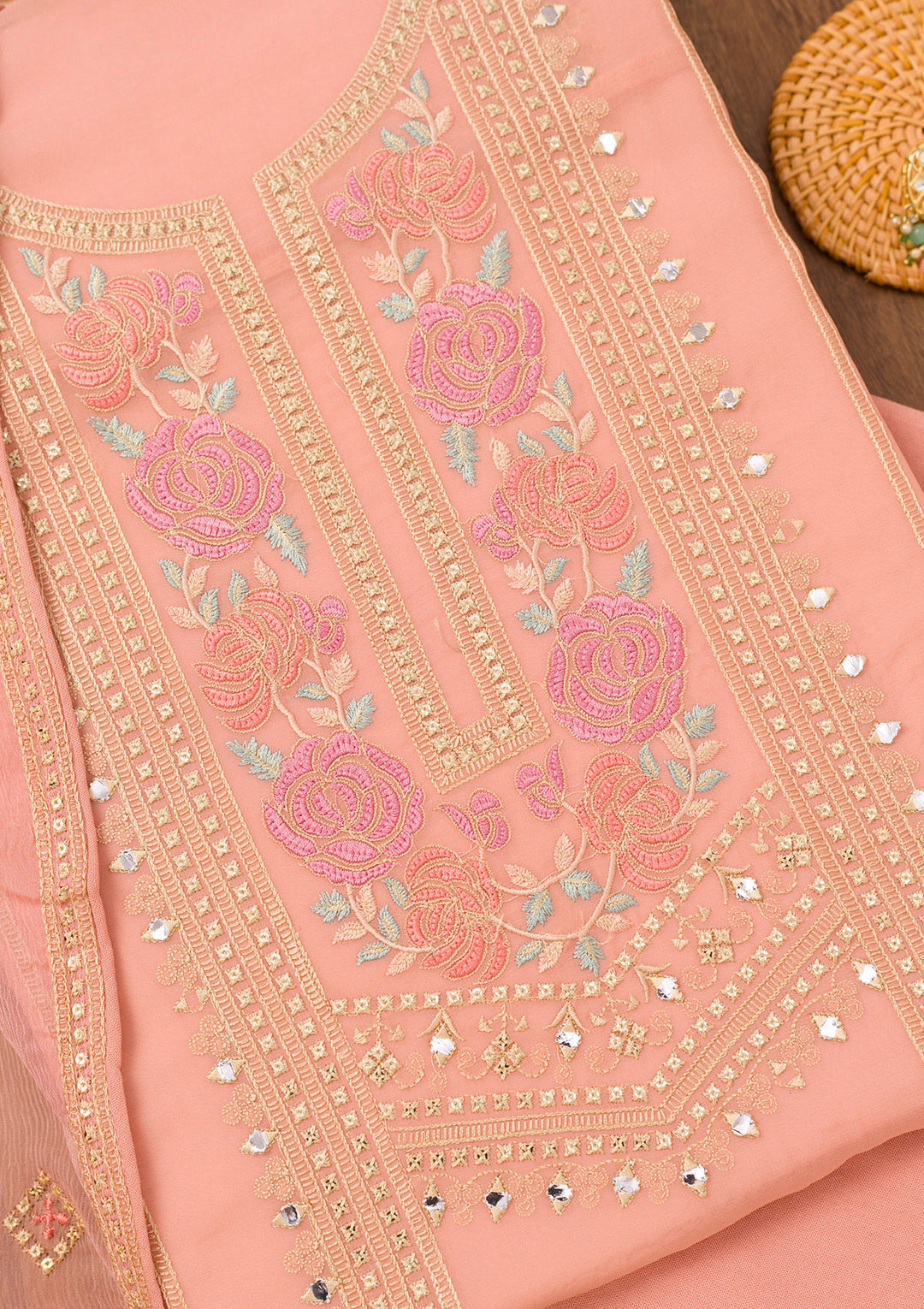 Pink Threadwork Georgette Unstitched Salwar Suit