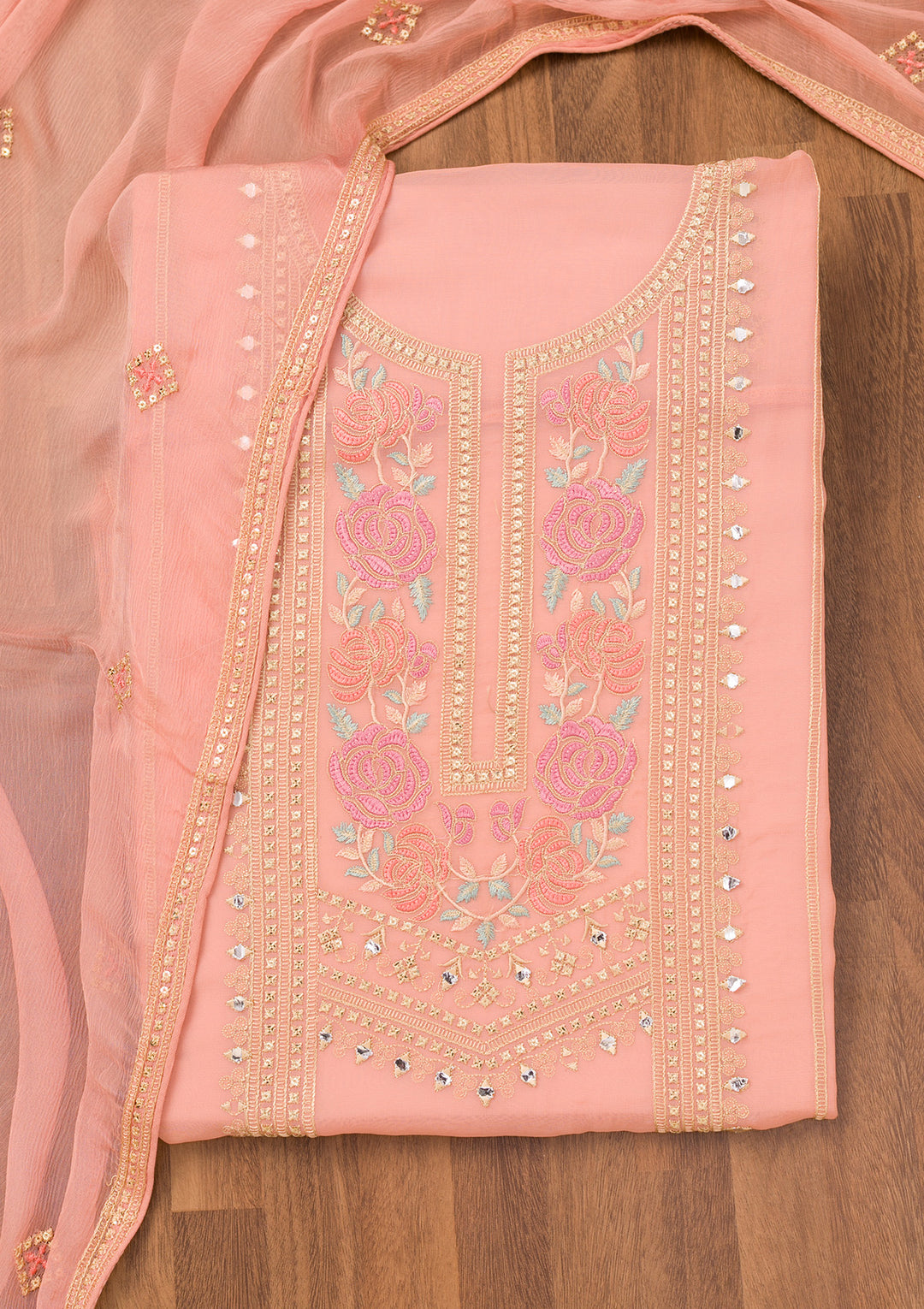 Pink Threadwork Georgette Unstitched Salwar Suit