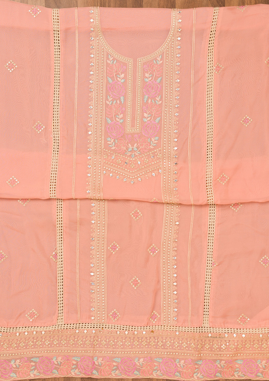 Pink Threadwork Georgette Unstitched Salwar Suit