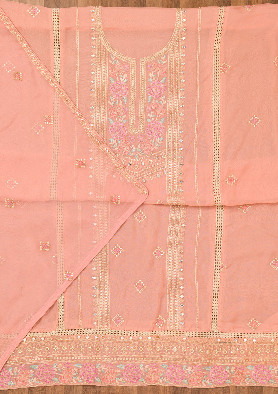 Pink Threadwork Georgette Unstitched Salwar Suit