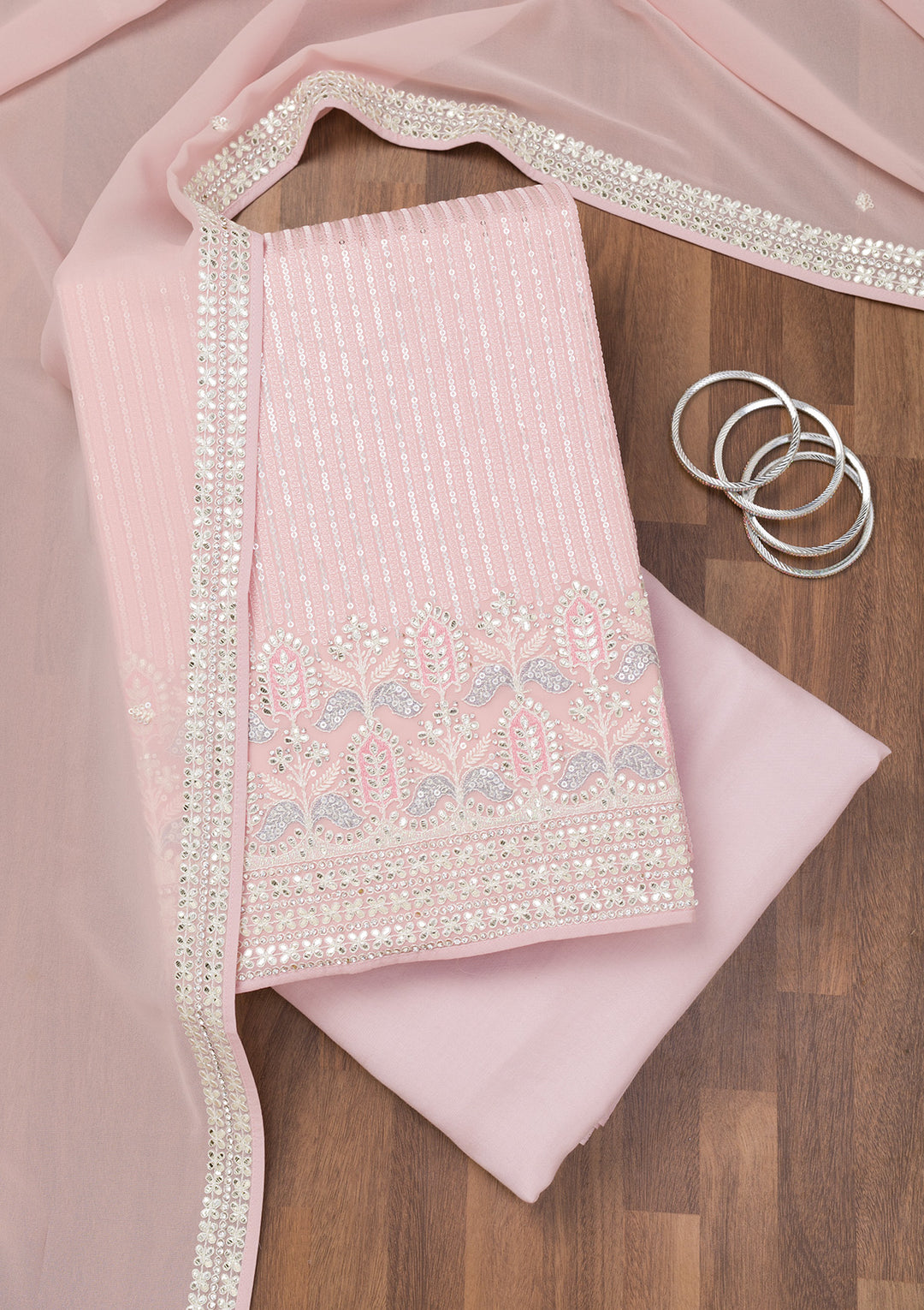 Pink Threadwork Georgette Unstitched Salwar Suit