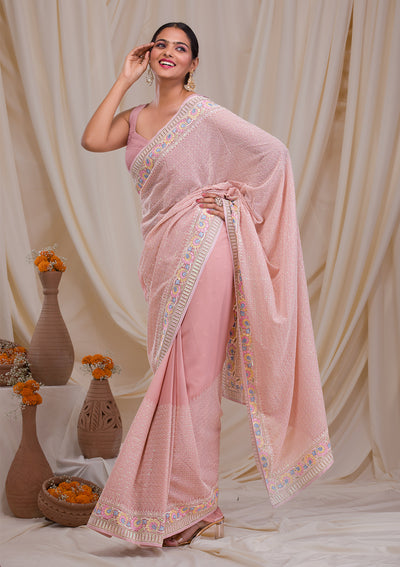 Pink Threadwork Georgette Saree-Koskii