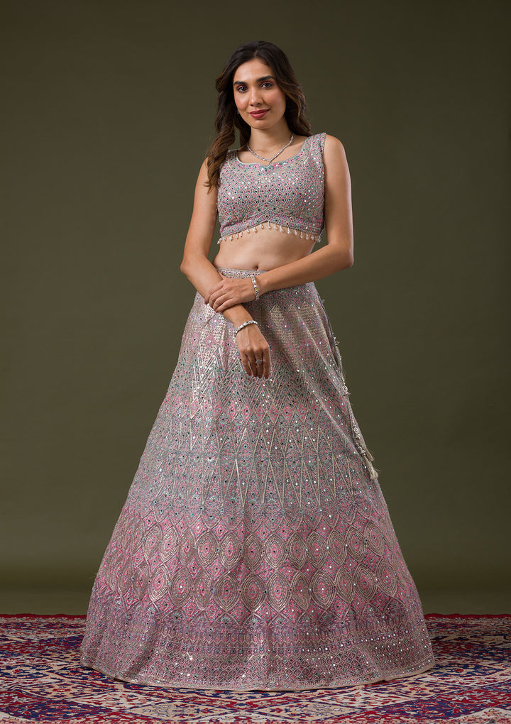 Pink Threadwork Net Readymade Lehenga