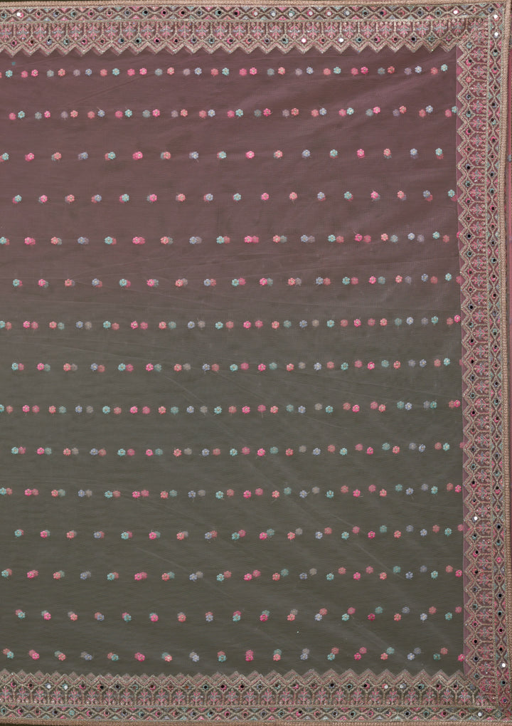 Pink Threadwork Net Readymade Lehenga