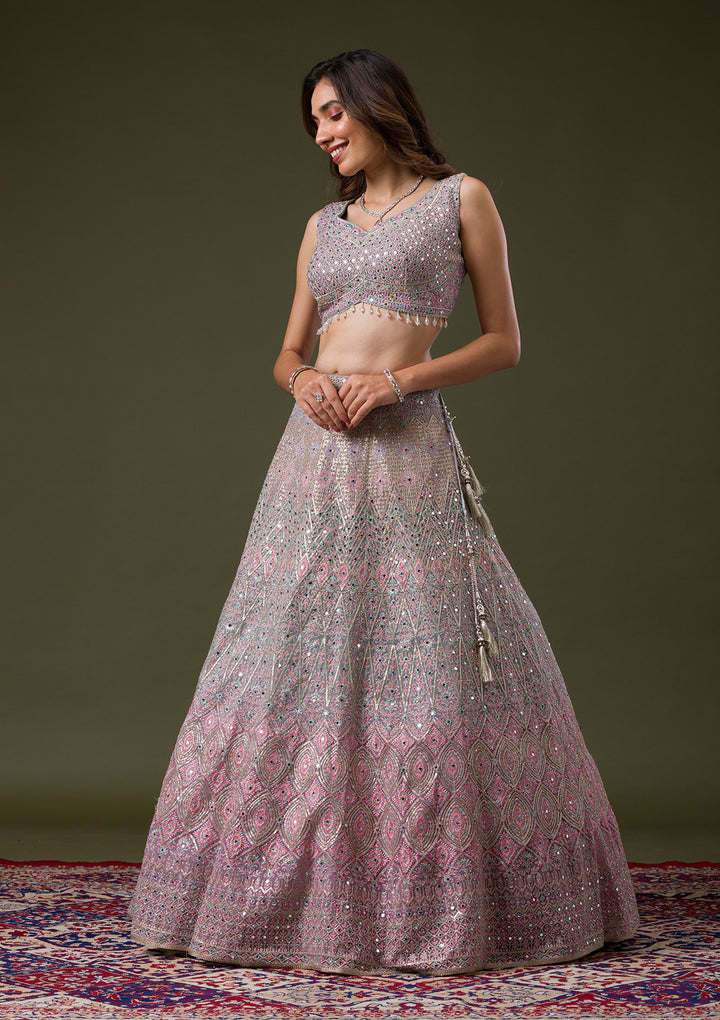 Pink Threadwork Net Readymade Lehenga