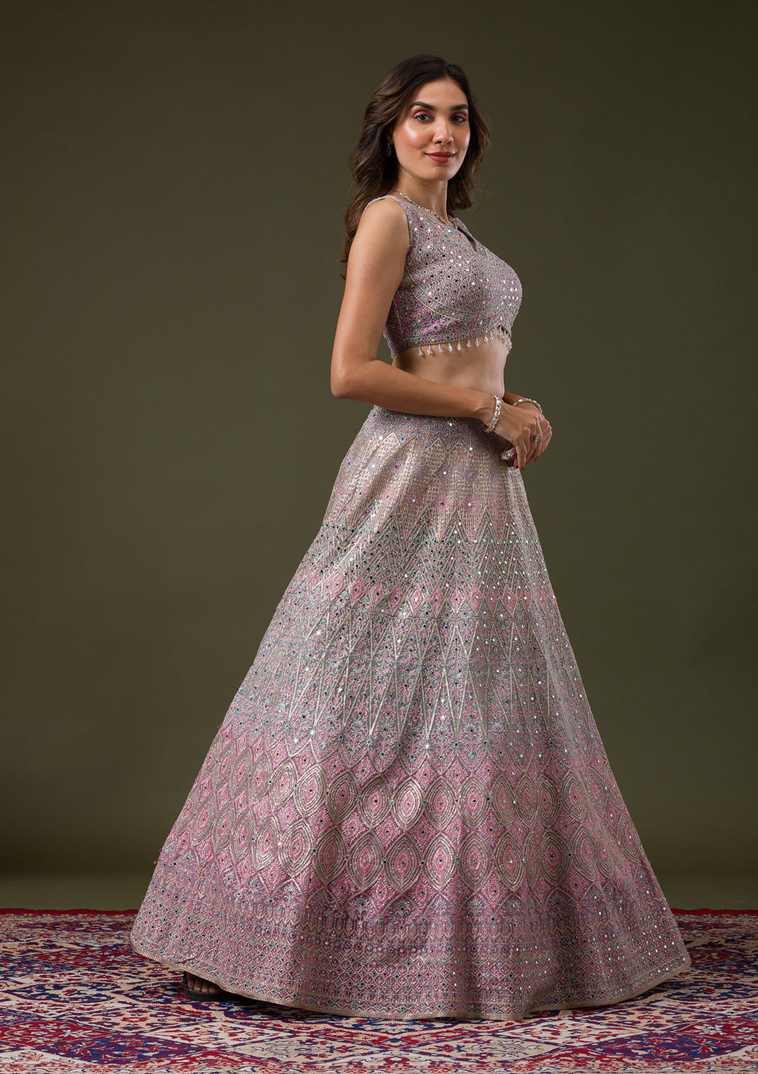 Pink Threadwork Net Readymade Lehenga