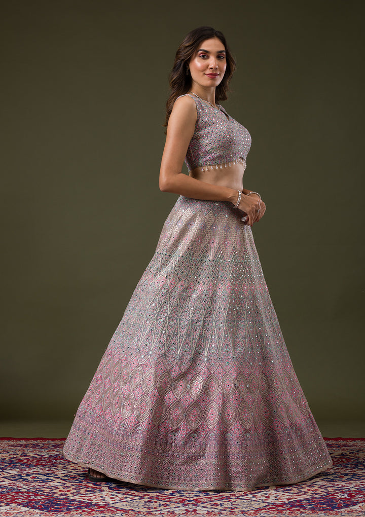 Pink Threadwork Net Readymade Lehenga
