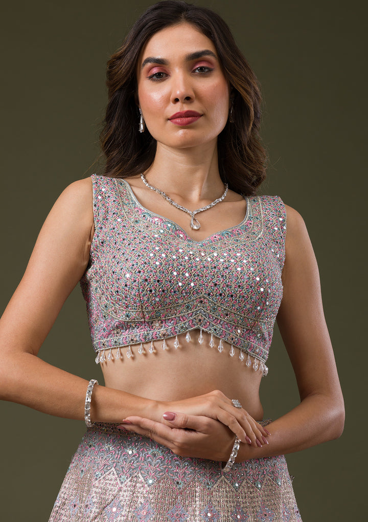 Pink Threadwork Net Readymade Lehenga