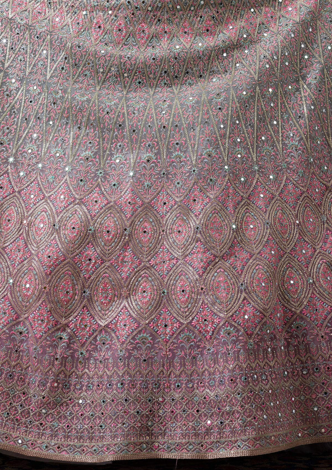 Pink Threadwork Net Readymade Lehenga