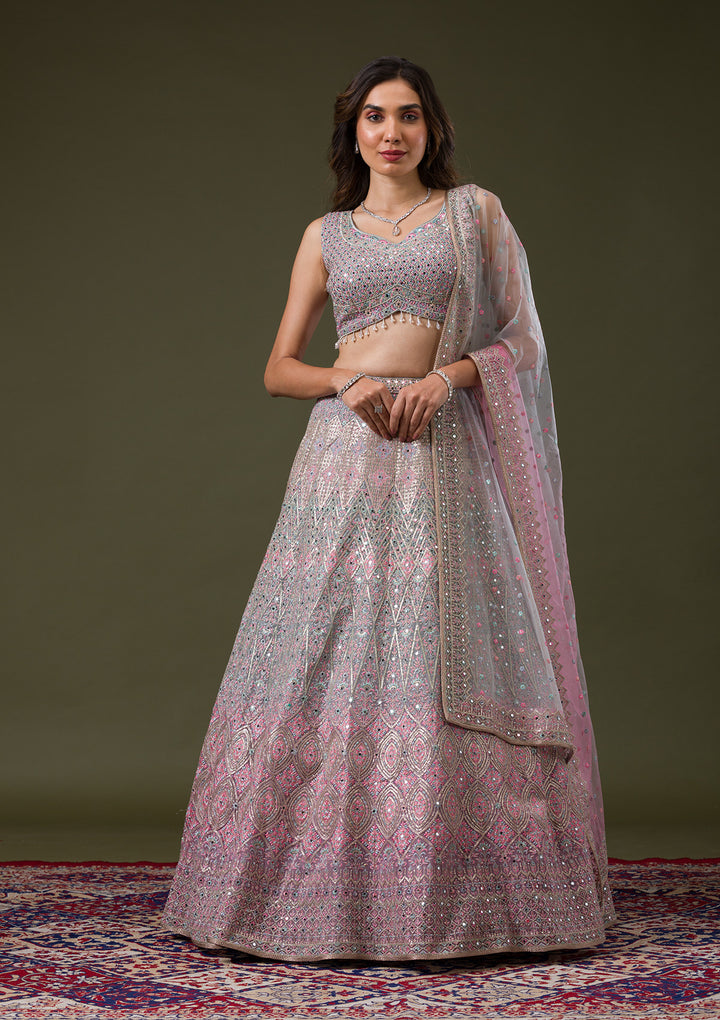 Pink Threadwork Net Readymade Lehenga