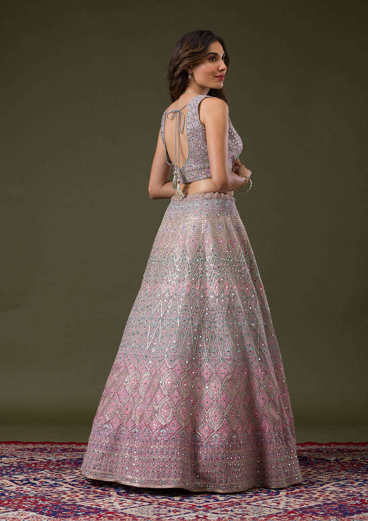 Pink Threadwork Net Readymade Lehenga