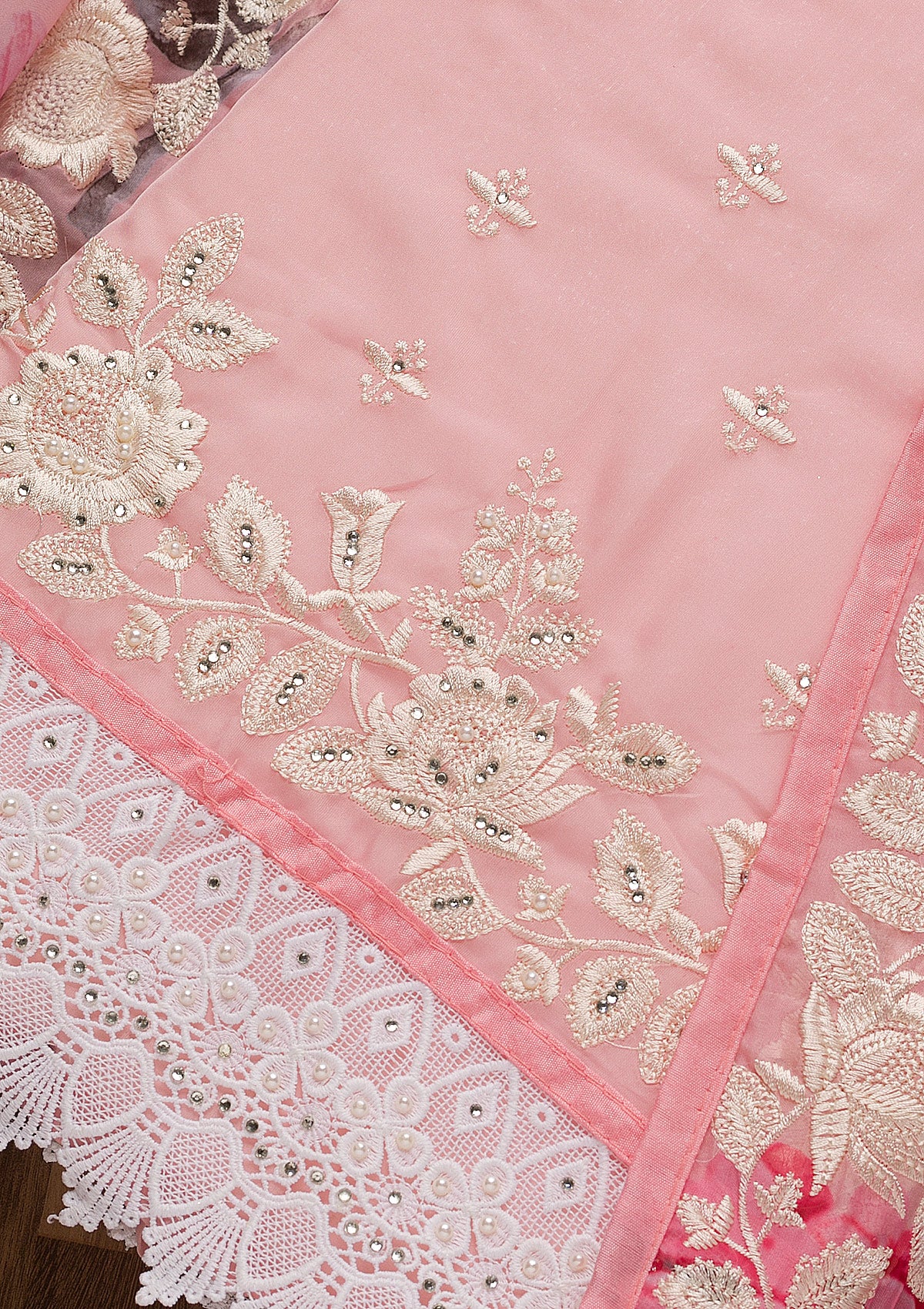 Pink Threadwork Organza Unstitched Salwar Suit