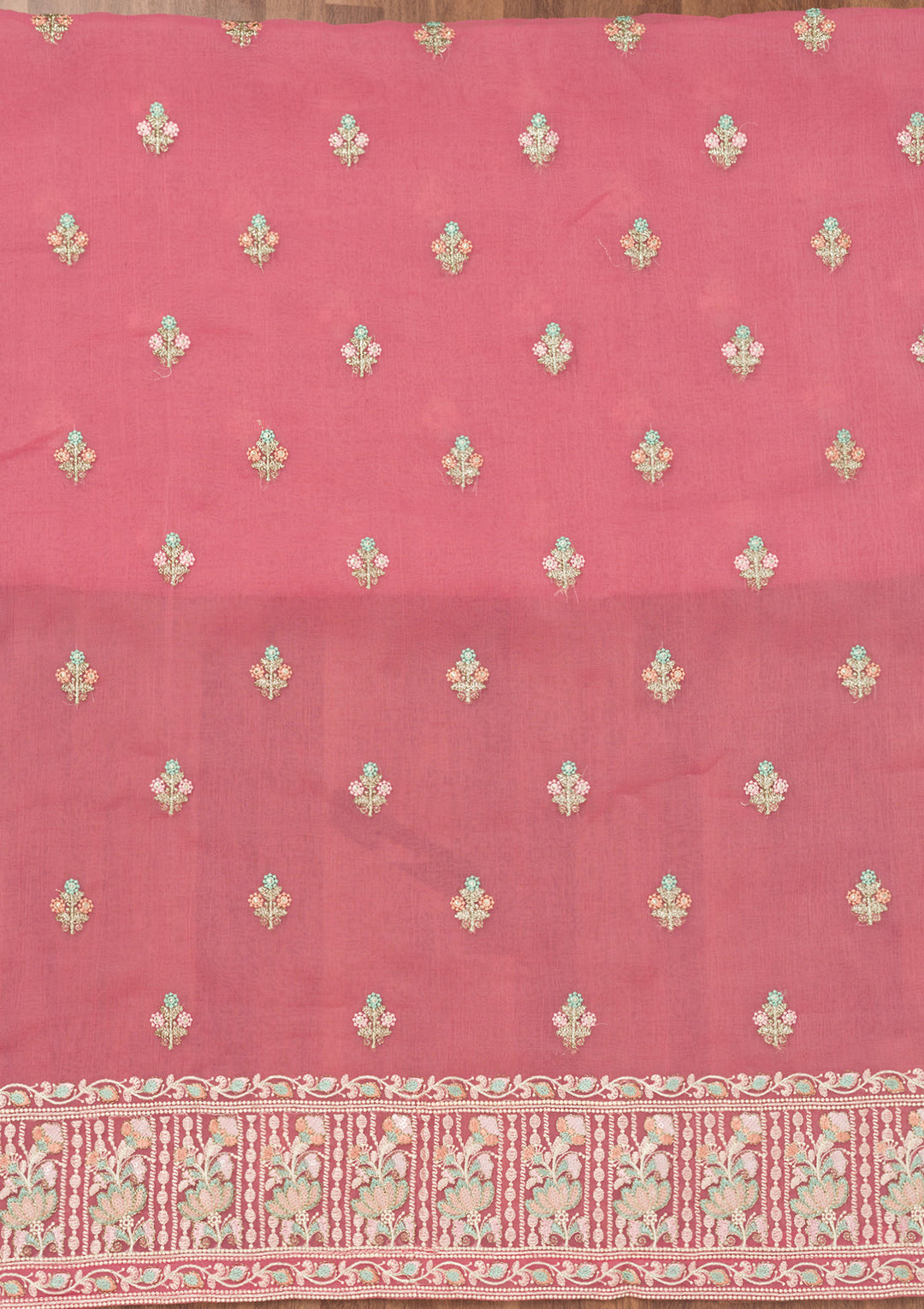 Pink Threadwork Organza Unstitched Salwar Suit