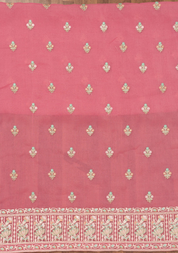Pink Threadwork Organza Unstitched Salwar Suit