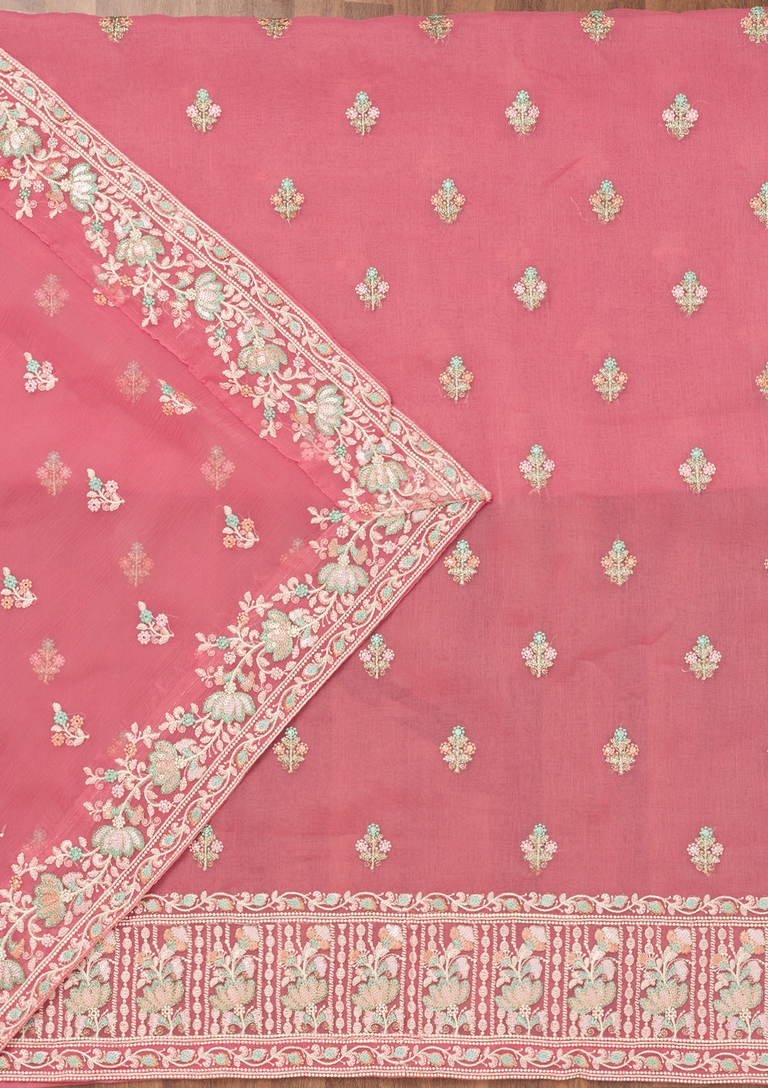 Pink Threadwork Organza Unstitched Salwar Suit