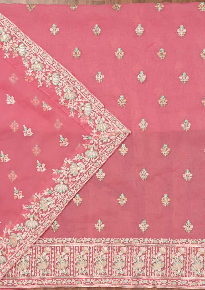 Pink Threadwork Organza Unstitched Salwar Suit