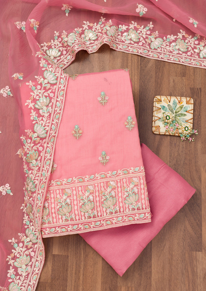 Pink Threadwork Organza Unstitched Salwar Suit