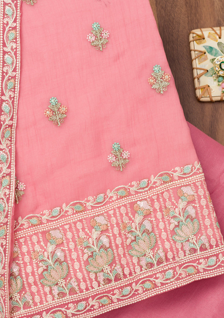 Pink Threadwork Organza Unstitched Salwar Suit