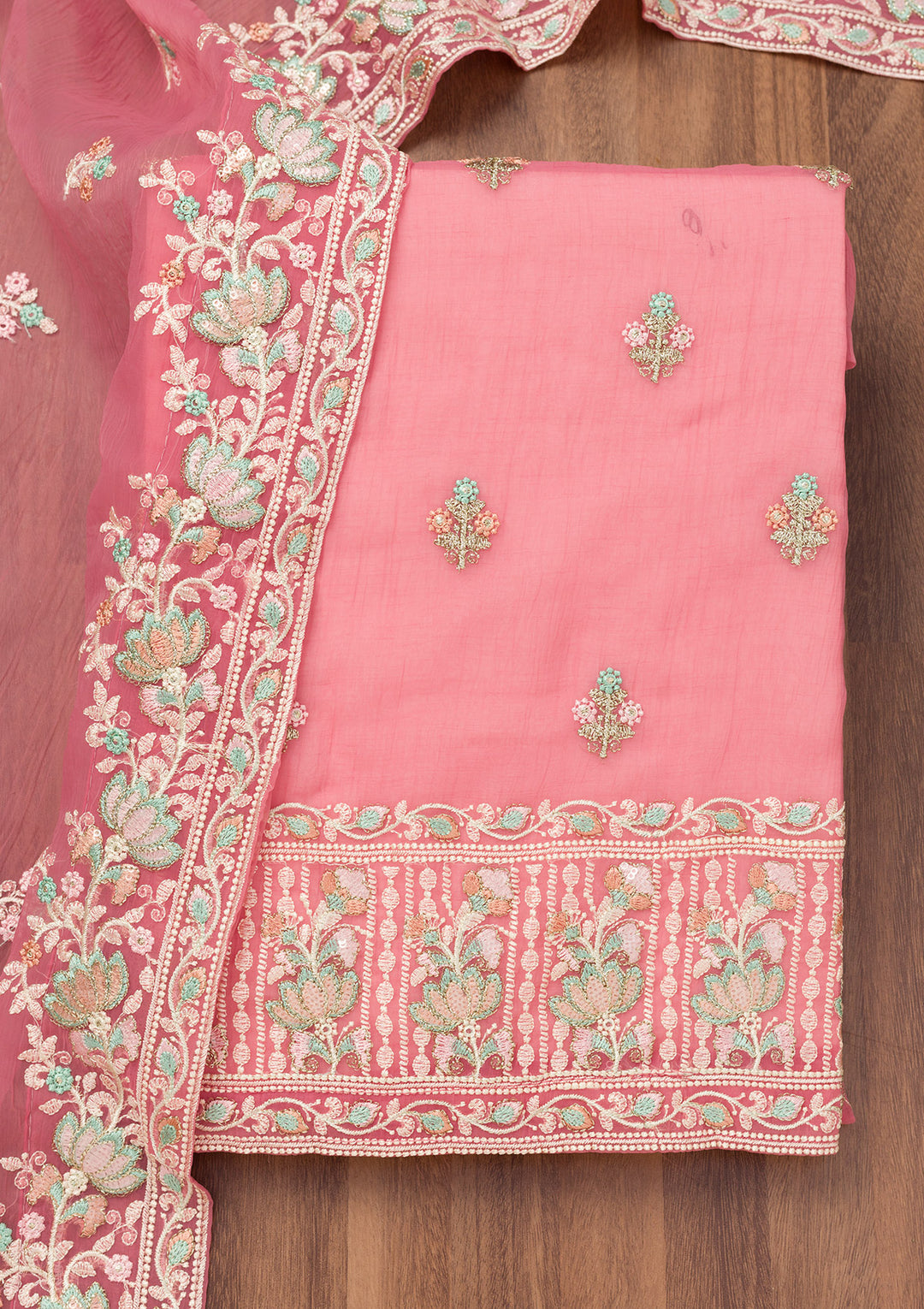 Pink Threadwork Organza Unstitched Salwar Suit