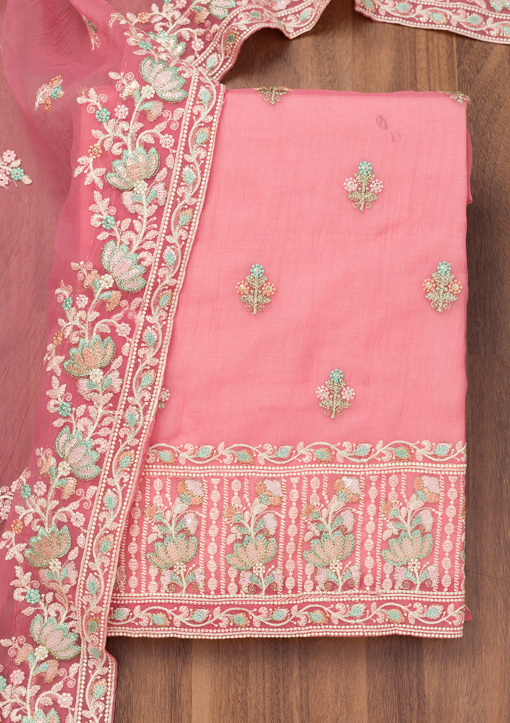 Pink Threadwork Organza Unstitched Salwar Suit