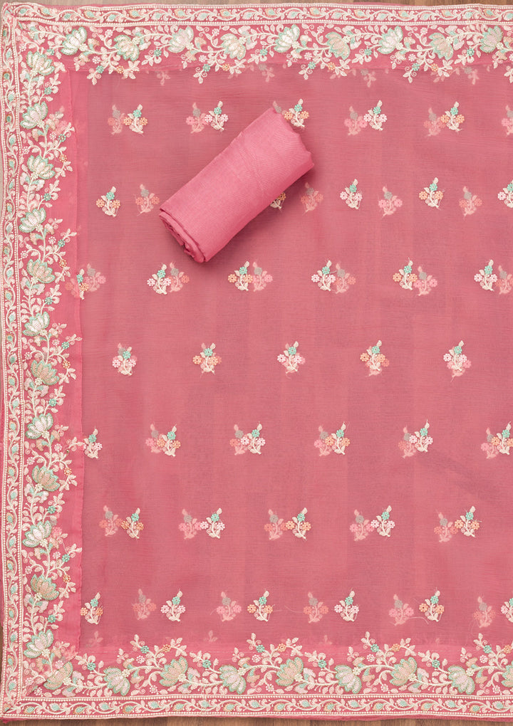 Pink Threadwork Organza Unstitched Salwar Suit