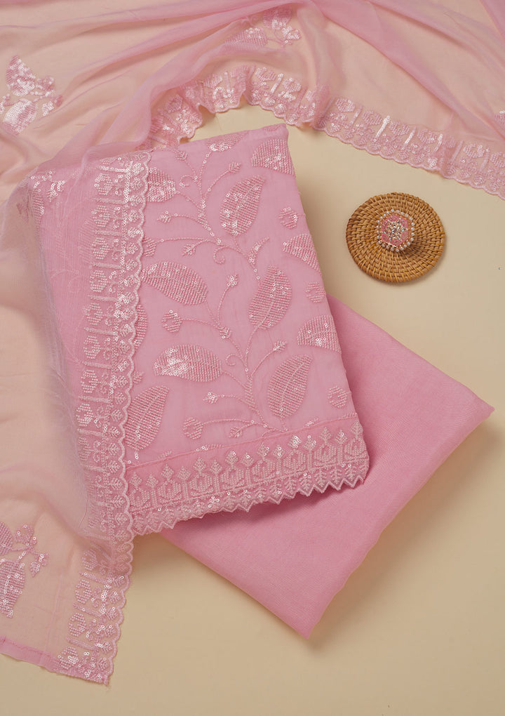Pink Threadwork Organza Unstitched Salwar Suit
