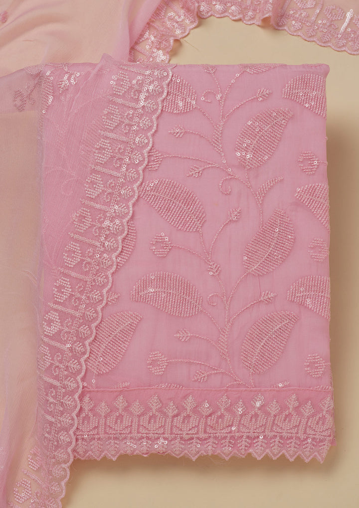 Pink Threadwork Organza Unstitched Salwar Suit